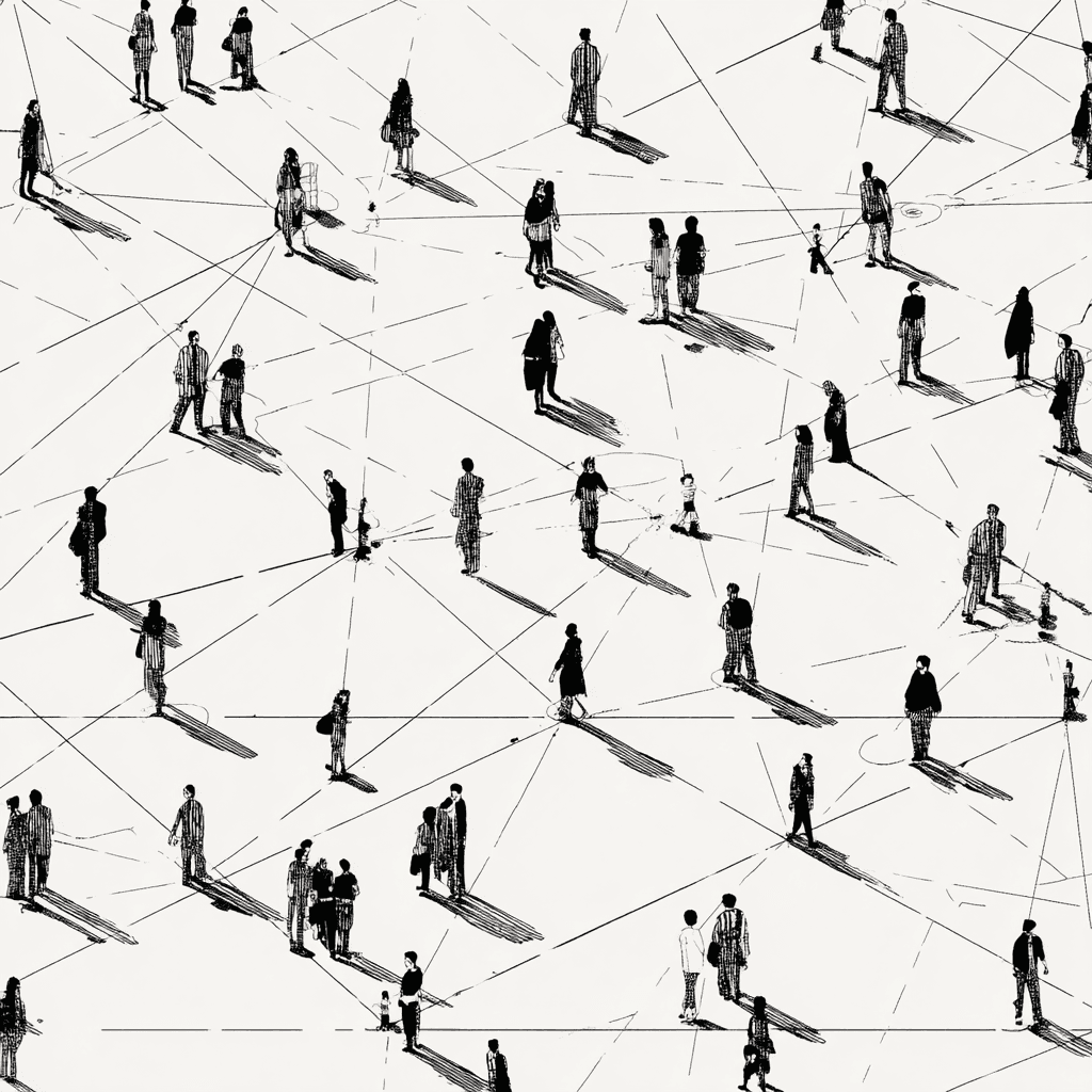 People walking in a repeated monochrome pattern